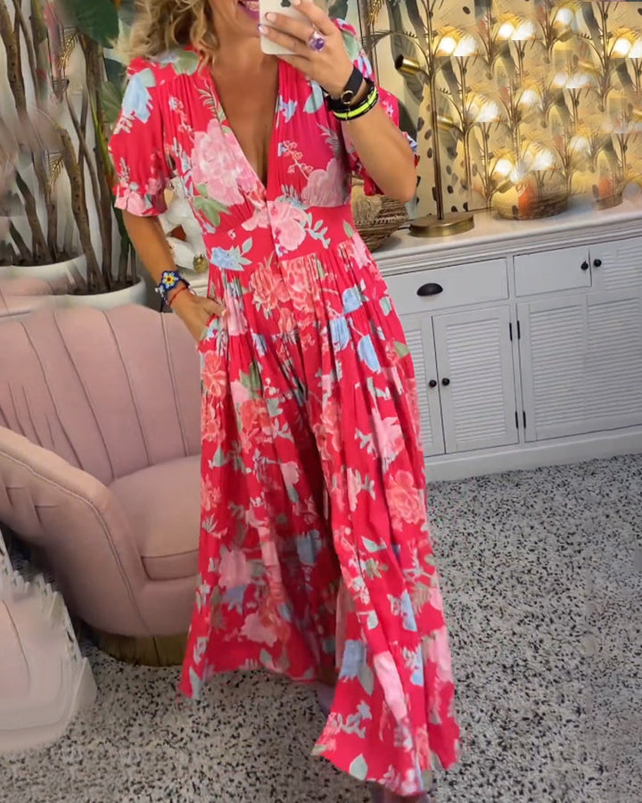 Reagan - Robe longue fleurie à manches courtes et col en V