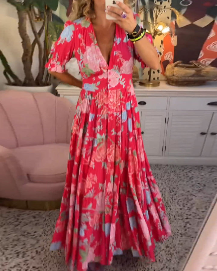 Reagan - Robe longue fleurie à manches courtes et col en V