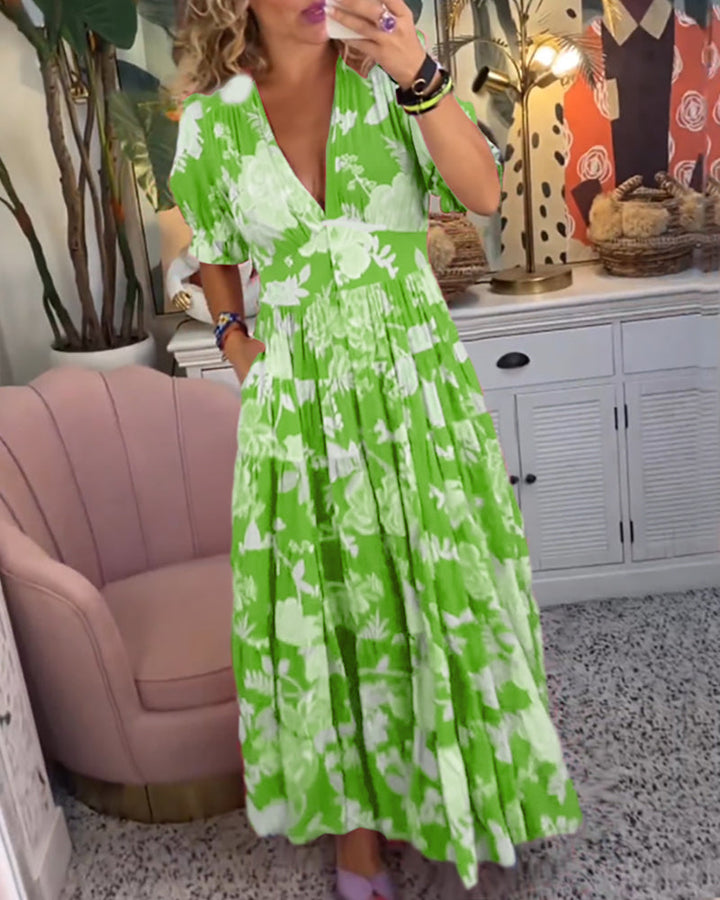Reagan - Robe longue fleurie à manches courtes et col en V