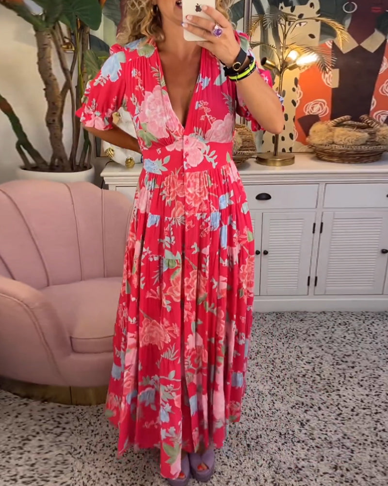 Reagan - Robe longue fleurie à manches courtes et col en V