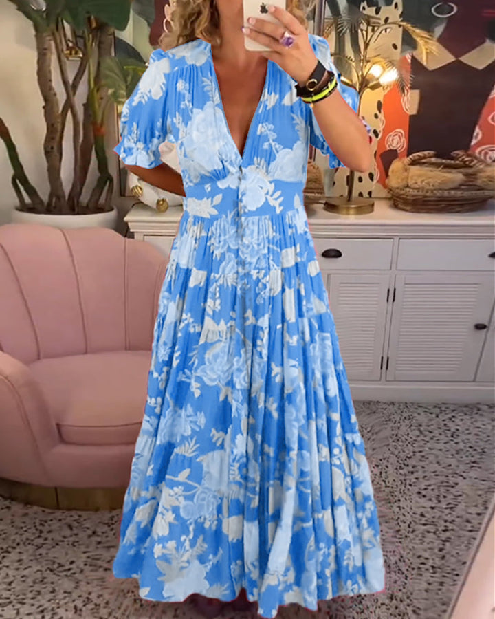 Reagan - Robe longue fleurie à manches courtes et col en V