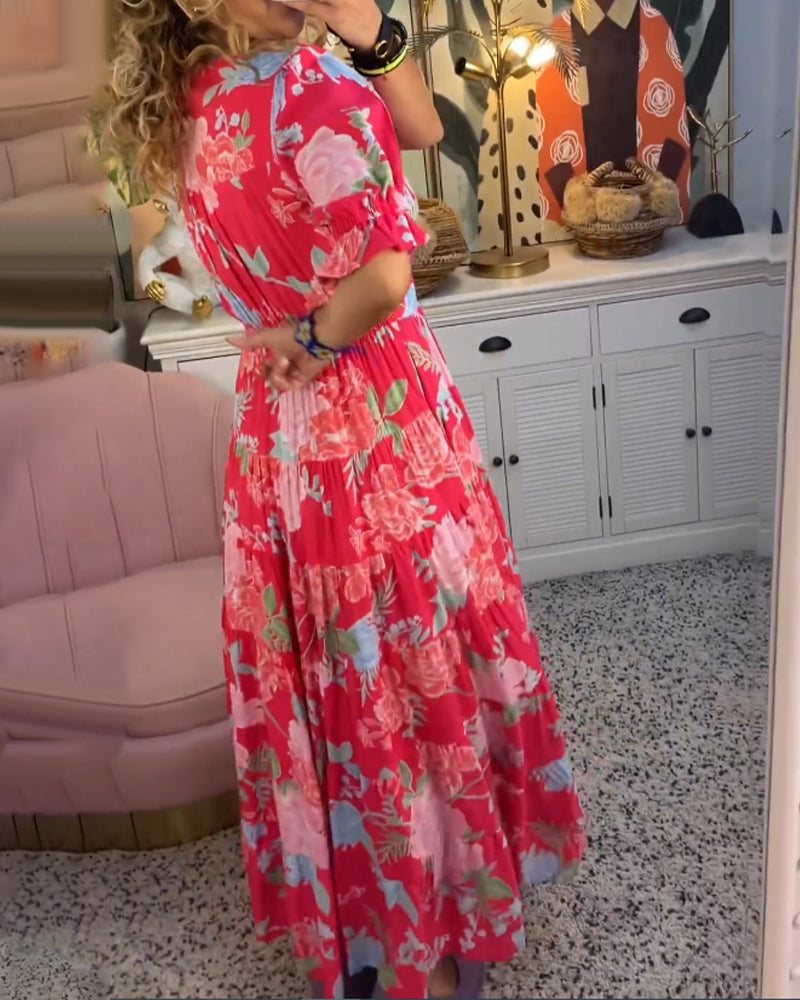 Reagan - Robe longue fleurie à manches courtes et col en V