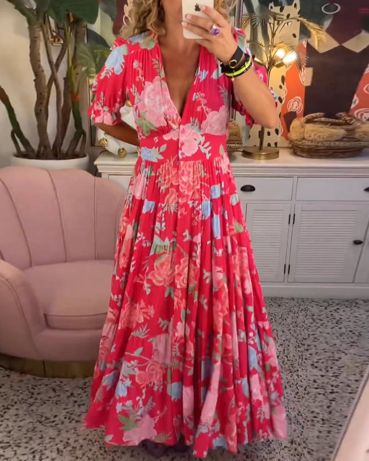Reagan - Robe longue fleurie à manches courtes et col en V
