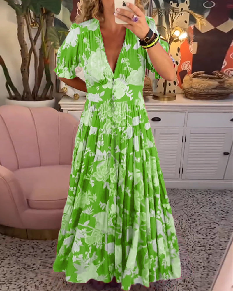 Reagan - Robe longue fleurie à manches courtes et col en V