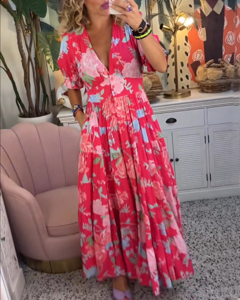 Reagan - Robe longue fleurie à manches courtes et col en V
