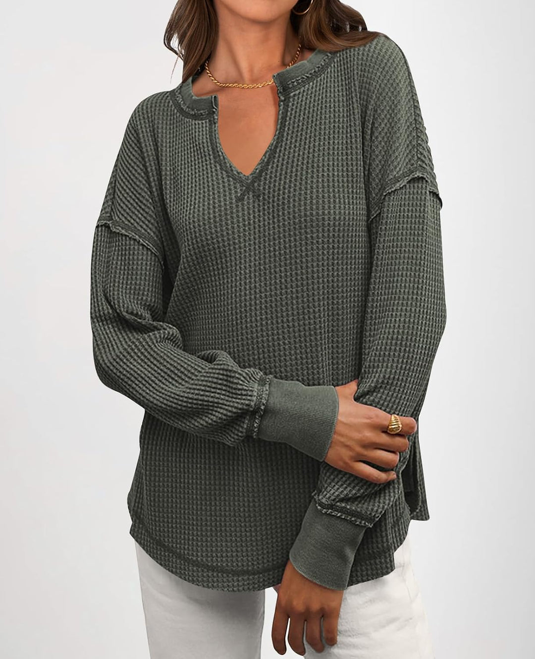 Cyrine™ | Waffle Knit V-Neck Pullover