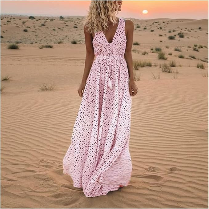Noa - Robe longue bohème élégance à pois et col en V