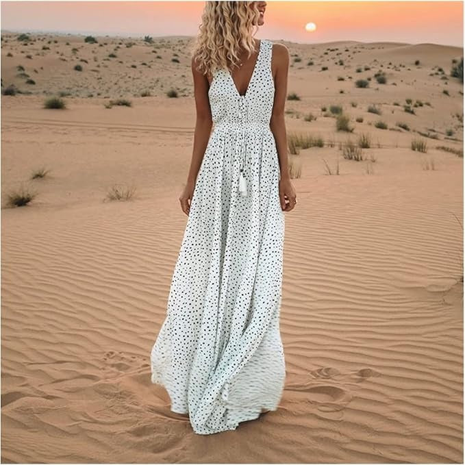 Noa - Robe longue bohème élégance à pois et col en V