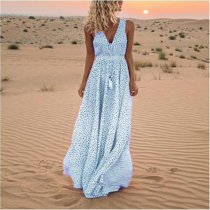 Noa - Robe longue bohème élégance à pois et col en V