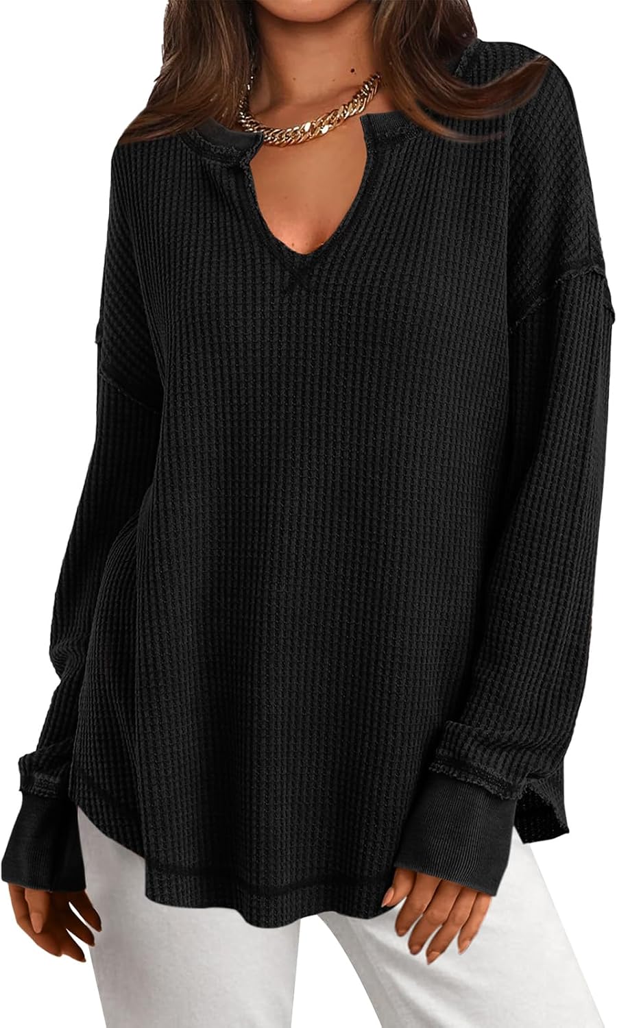 Cyrine™ | Waffle Knit V-Neck Pullover