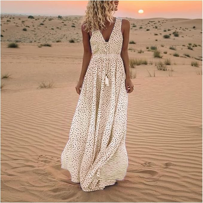 Noa - Robe longue bohème élégance à pois et col en V