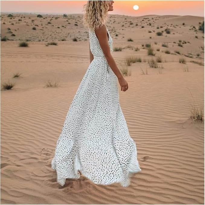 Noa - Robe longue bohème élégance à pois et col en V