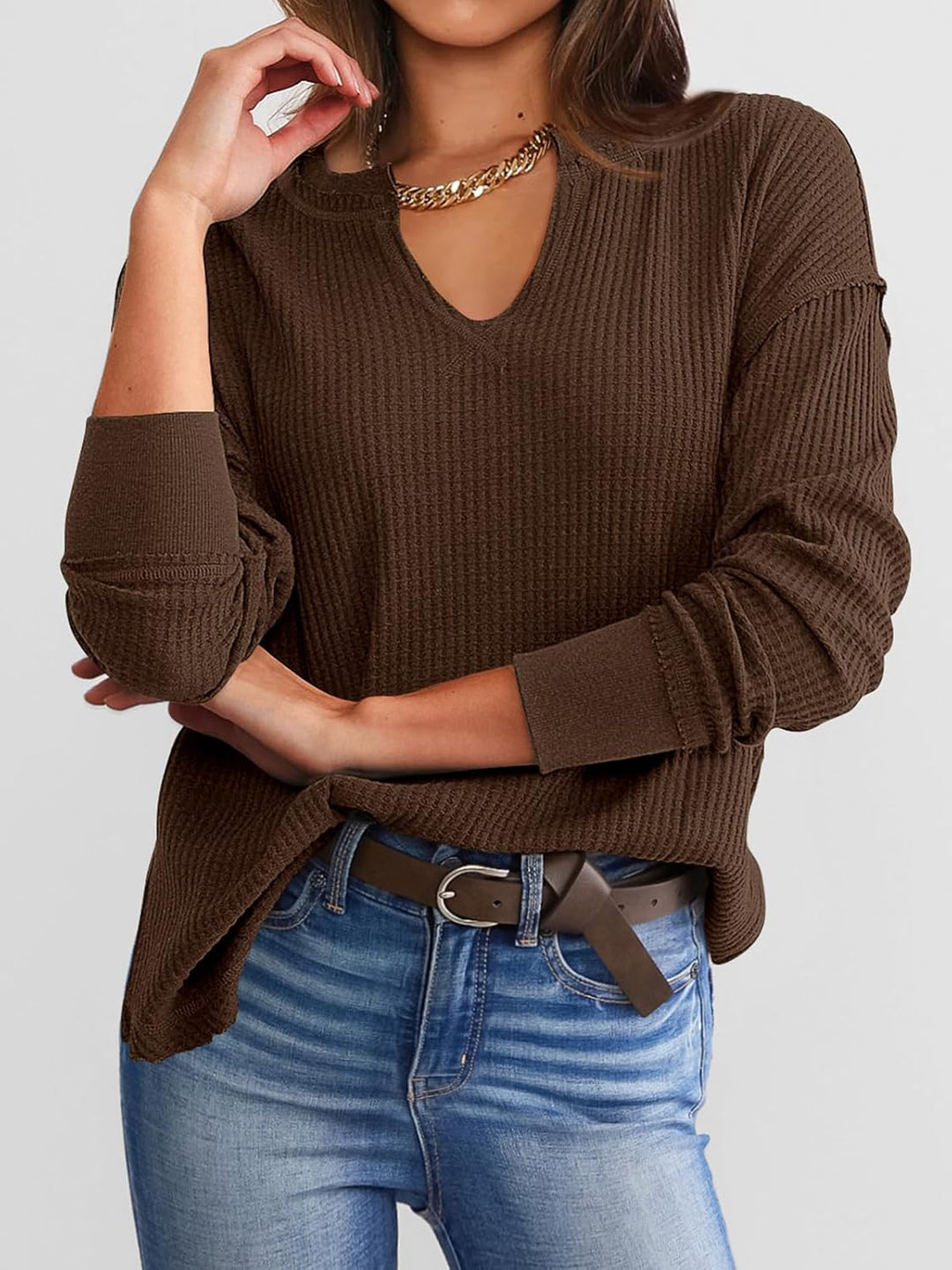 Cyrine™ | Waffle Knit V-Neck Pullover