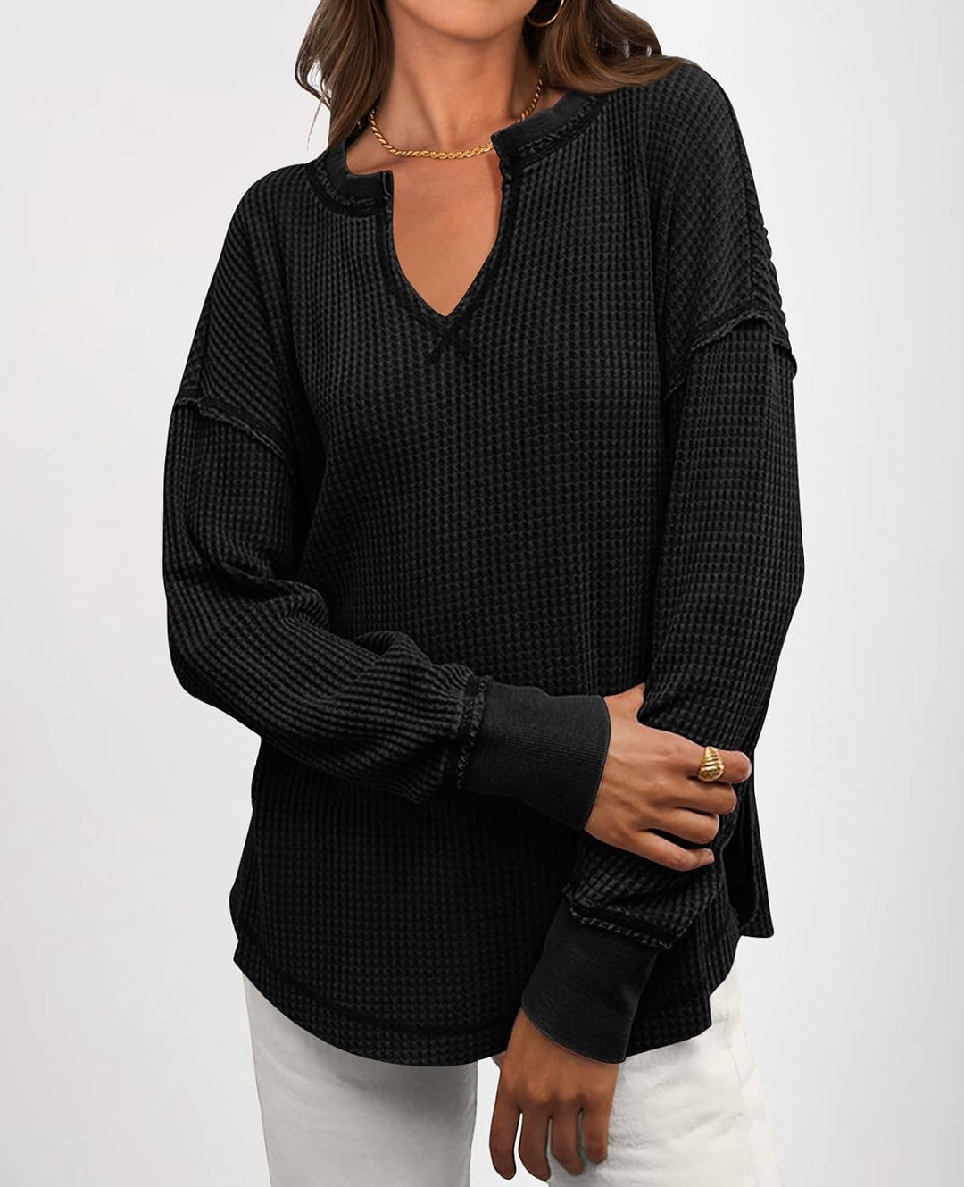 Cyrine™ | Waffle Knit V-Neck Pullover