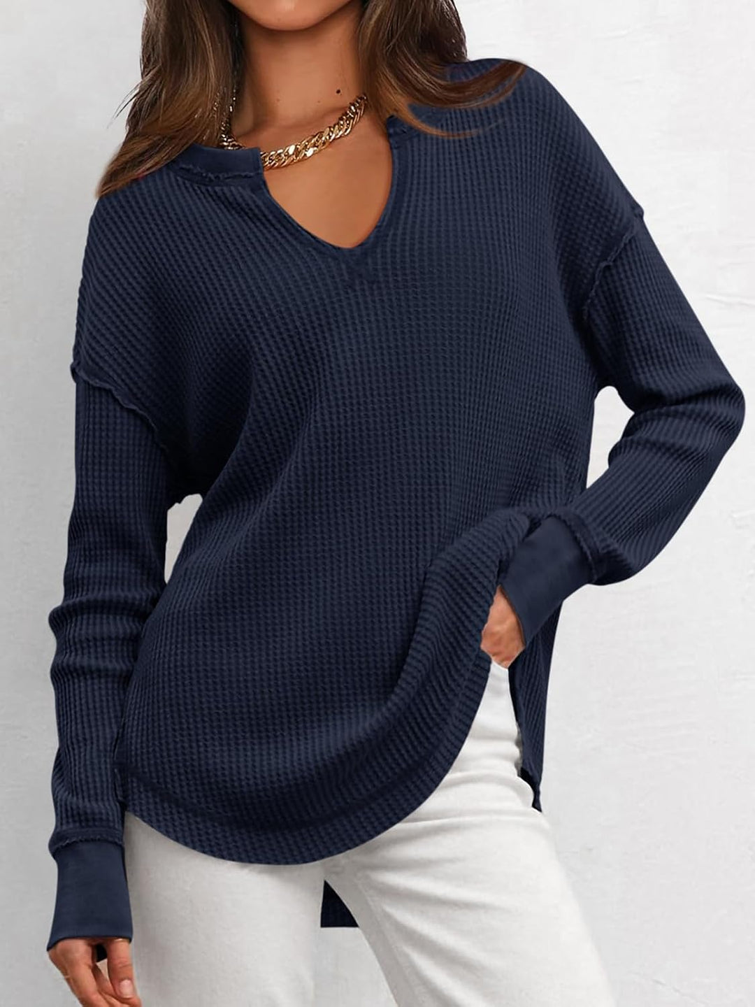 Cyrine™ | Waffle Knit V-Neck Pullover