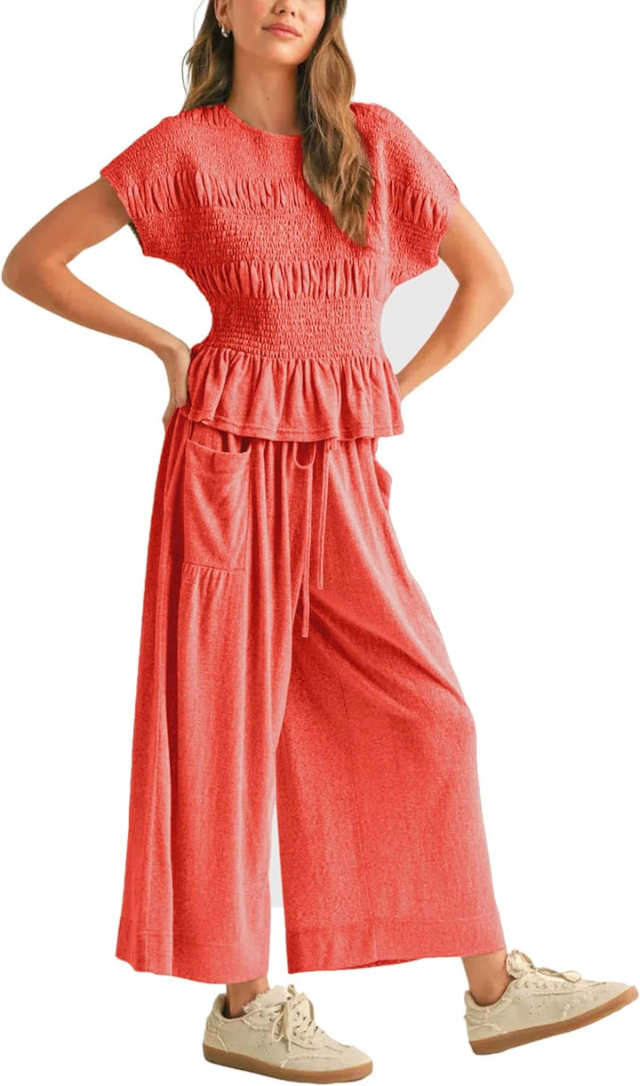 Elara™ | 2-Piece Smocked Top & Wide-Leg Pants Set