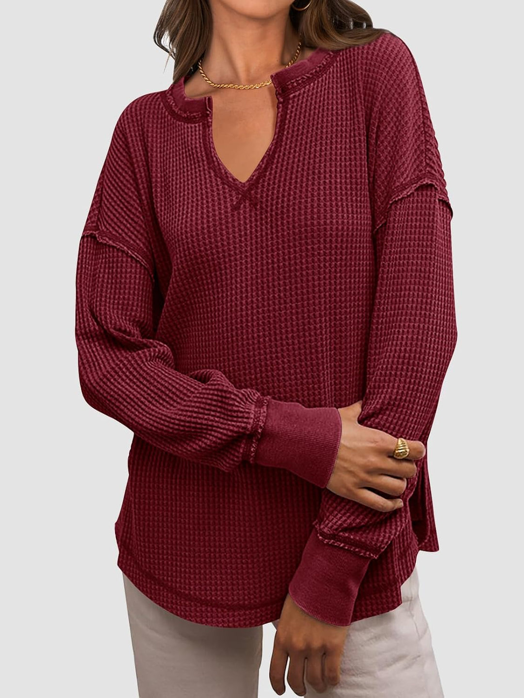 Cyrine™ | Waffle Knit V-Neck Pullover