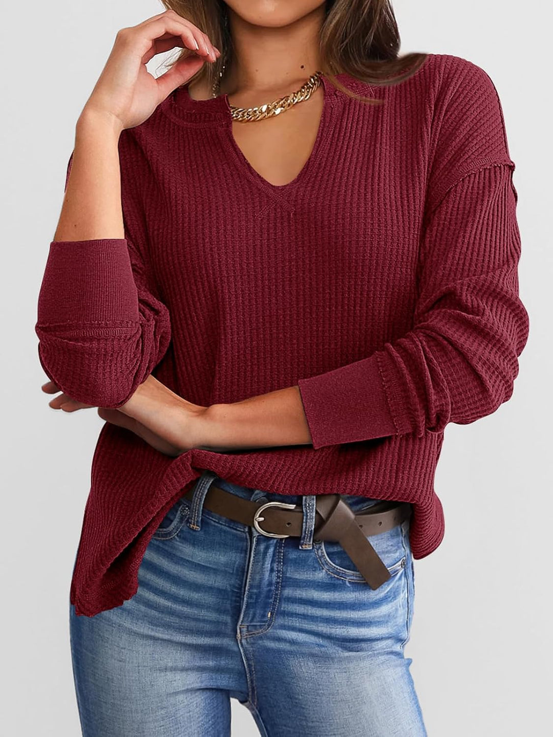 Cyrine™ | Waffle Knit V-Neck Pullover