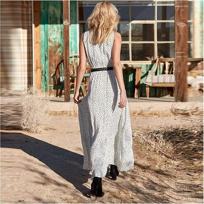 Noa - Robe longue bohème élégance à pois et col en V