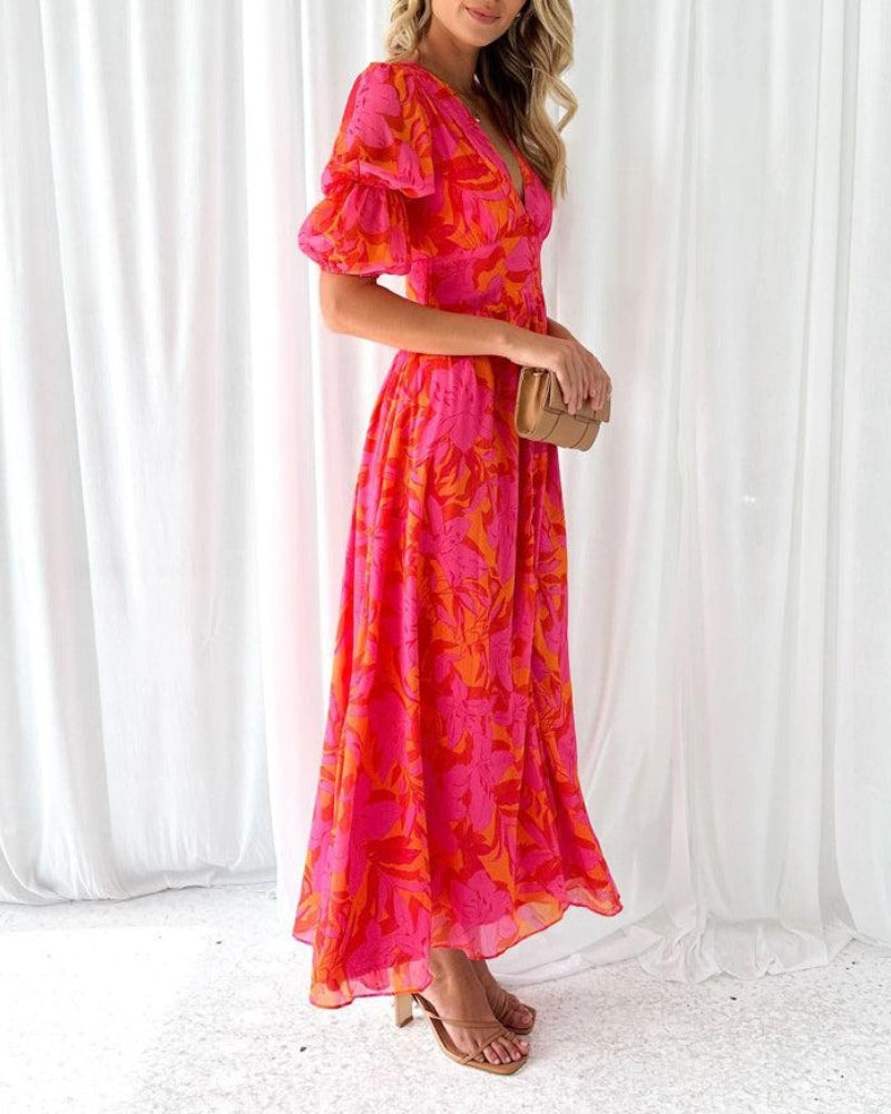 Clara – Robe longue élégante à col en V et manches bouffantes