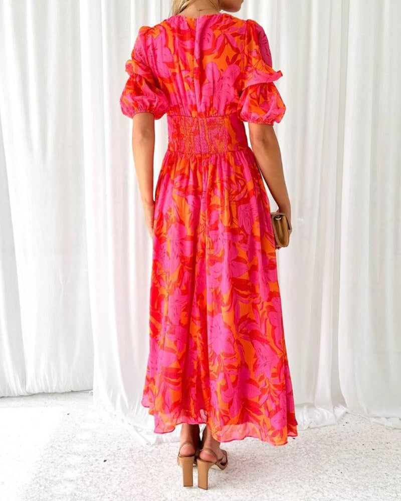 Clara – Robe longue élégante à col en V et manches bouffantes