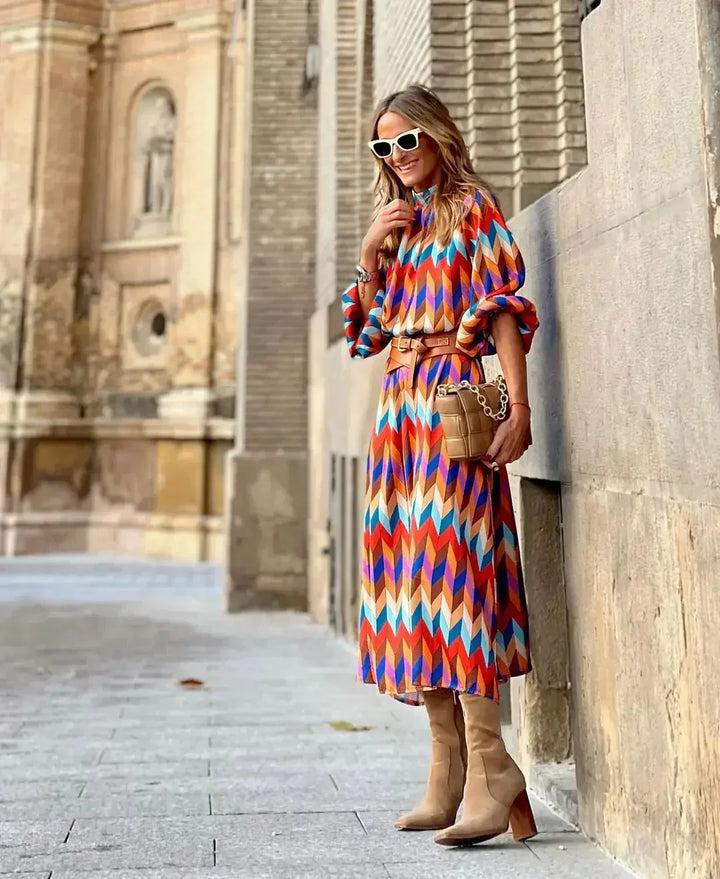 Kaia - Robe de soirée longue à imprimés géométriques