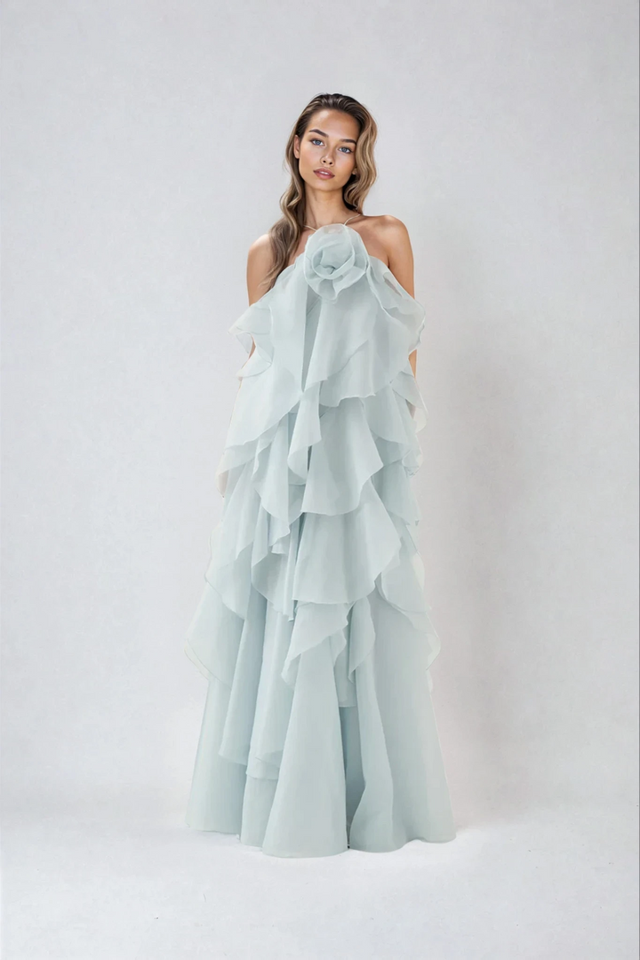 Nephele - Robe de cocktail longue à volants et dos nu