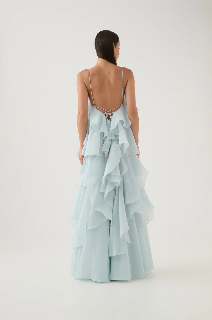 Nephele - Robe de cocktail longue à volants et dos nu