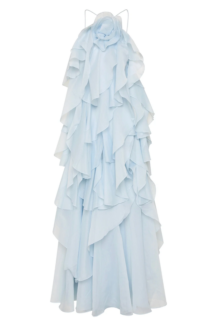 Nephele - Robe de cocktail longue à volants et dos nu