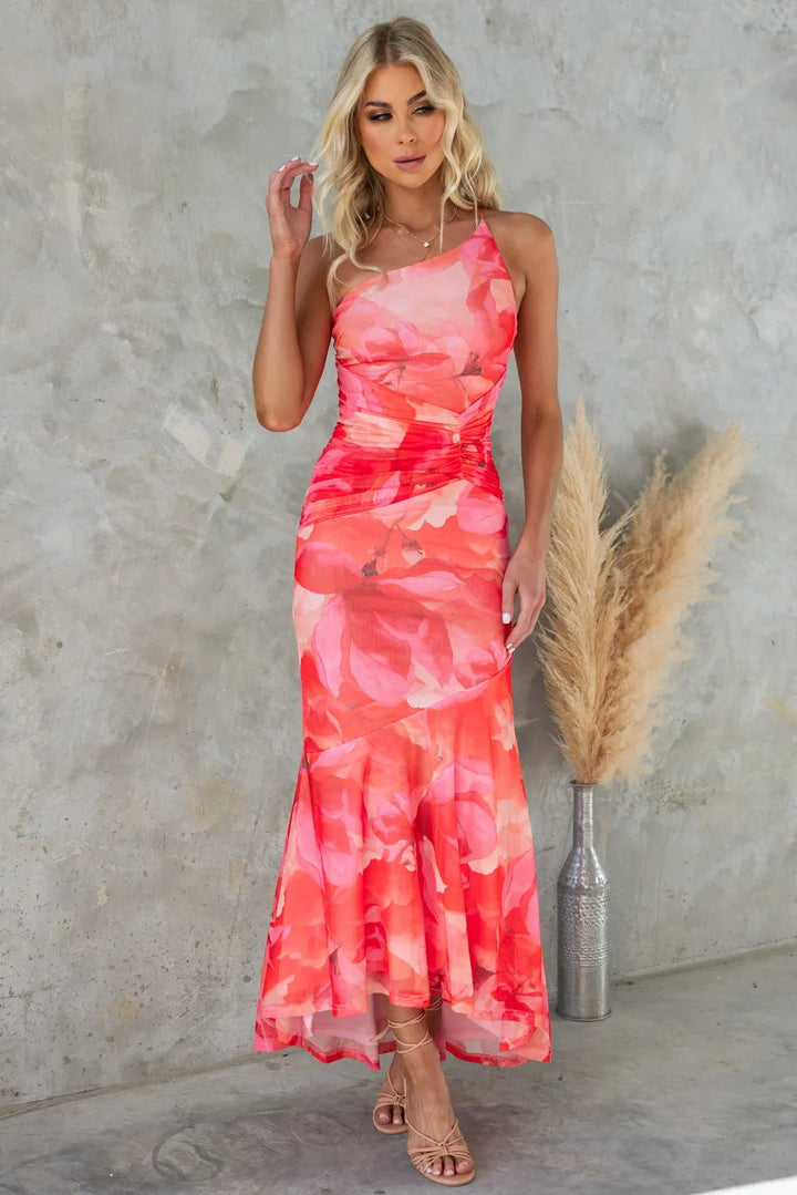Nyla - Robe de soirée fleurie à ourlet irrégulier