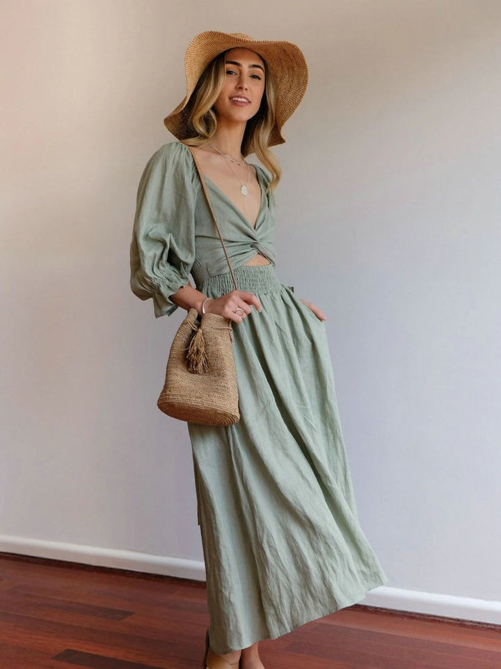 Aviana - Robe longue élégante réversible à manches bouffantes 