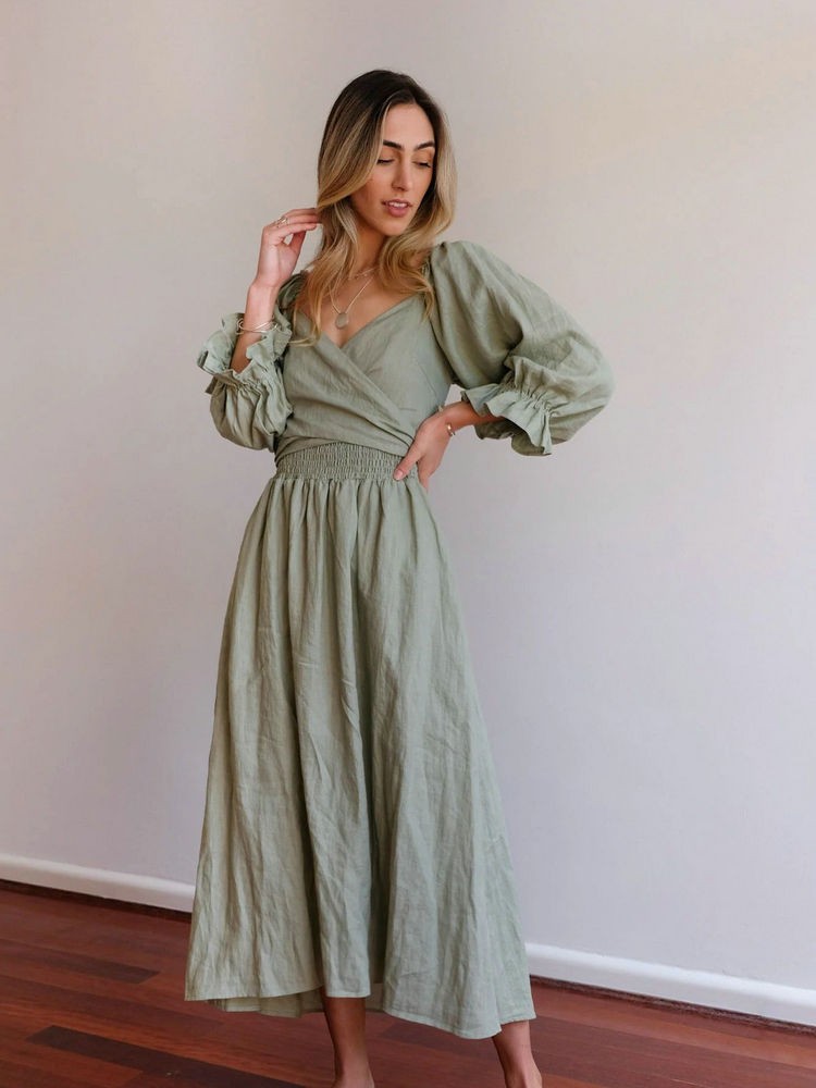 Aviana - Robe longue élégante réversible à manches bouffantes 